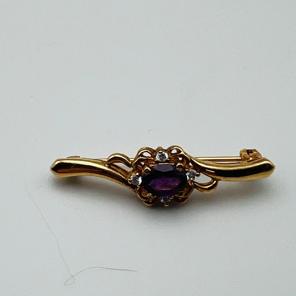 Vintage Brooch Bar Pin Gold Tone Purple and Clear Stone Accent 1.75 Inch
